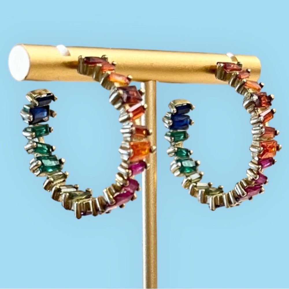 Goldenstrand Rainbow Baguette Hoops, Gold Plated, Multi color zircon gemstones